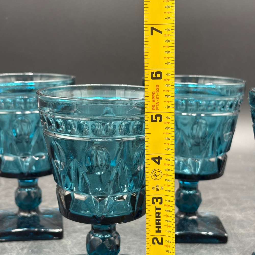 Vtg Indiana Park Lane Teal Blue Glassware 8pc Diamond Starburst Goblets Tumblers - Picture 4 of 13